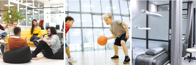 WELL Building Sertifikası: Binalarınızda Sağlığı ve İyiliği Teşvik Edin 2 WELL v2 aydınlatma kriterlerine uygun insan odaklı aydınlatma uygulamaları; ofis, spor alanı ve sağlık mekânı örnekleri