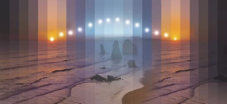 Gün doğumundan gün batımına kadar doğal ışığın renk sıcaklığı ve yoğunluk değişimini gösteren görsel