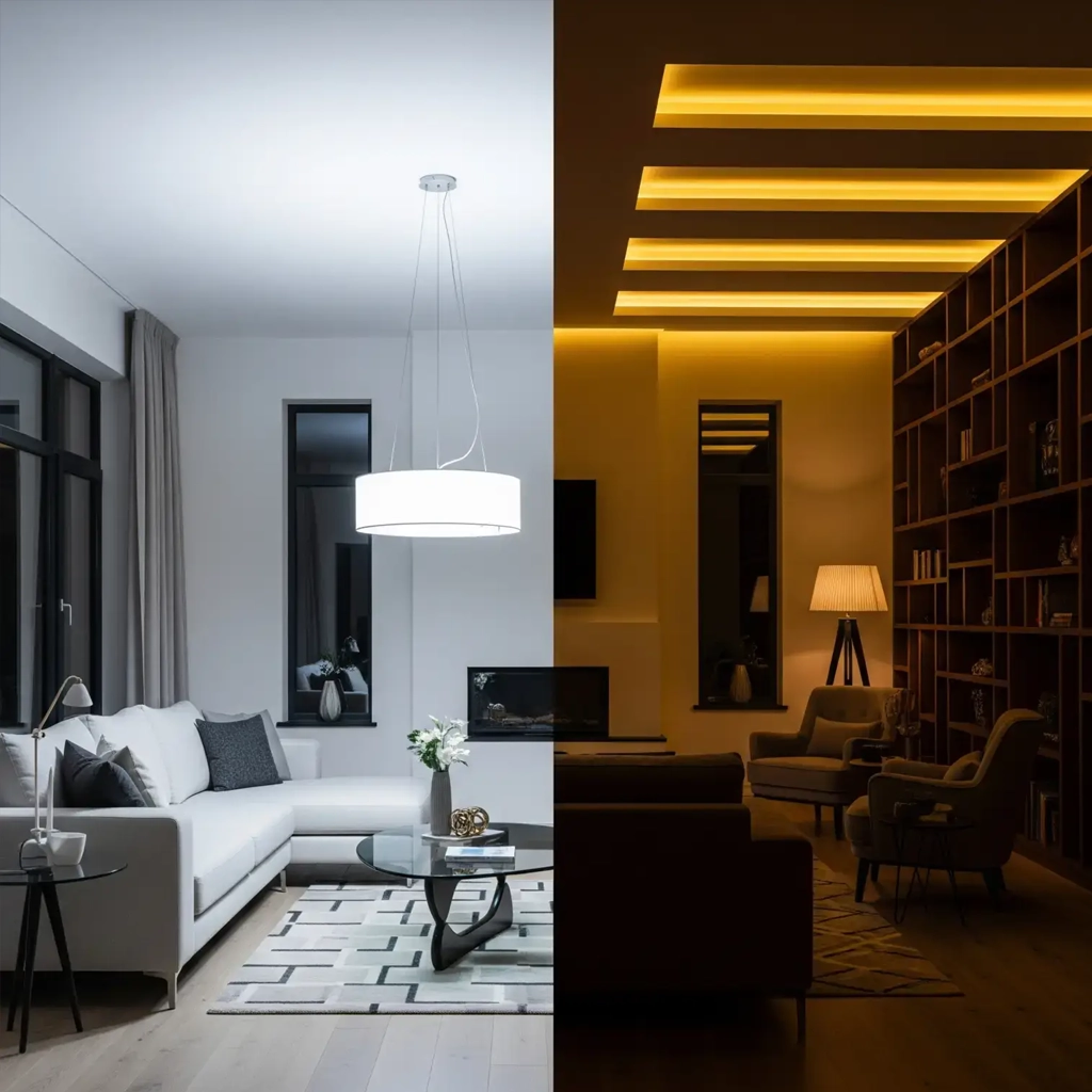 Ev aydınlatmasında beyaz ışık ve sarı ışık karşılaştırması – modern salon örneği