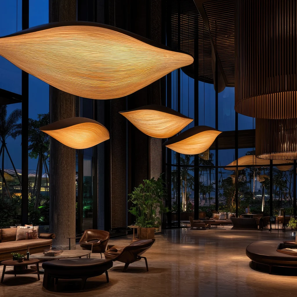 Otel lobisi aydınlatma tasarımı. gece görünümü sarkıt lambalar