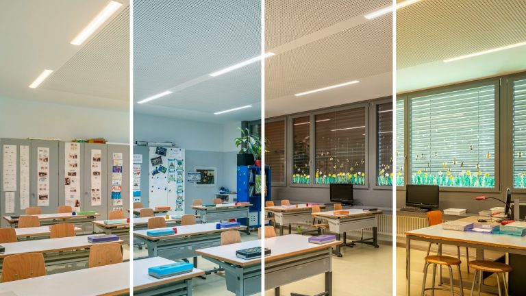 Okul sınıfında farklı renk sıcaklıklarında LED aydınlatma uygulaması ve doğal ışık dengesi Alternatif daha teknik versiyon: Eğitim kurumunda insan odaklı aydınlatma örneği, sınıf ortamında sıcak ve soğuk ışık karşılaştırması